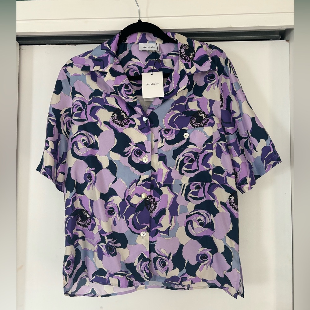 NWT 100% silk Art Dealer lavender purple psychedelic floral print blouse size M